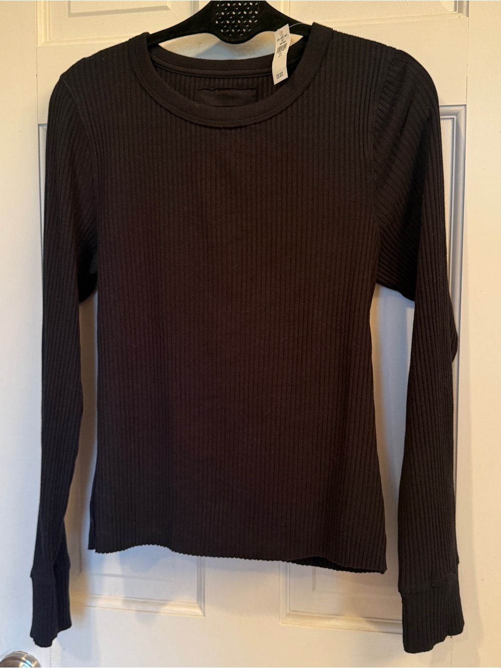 aerie Black Ribbed Long-Sleeve Crewneck Top